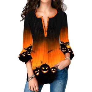 Long Sleeve Women’s Halloween V-Neck Top with Pumpkins and Bats Print