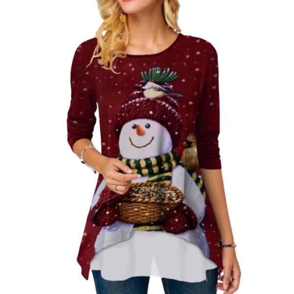 Long Sleeve Women's Asymmetrical Top with Snowman Print