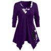 Long Sleeve Women's Loose Asymmetrical Hem Purple Tunic Top with Floral Print