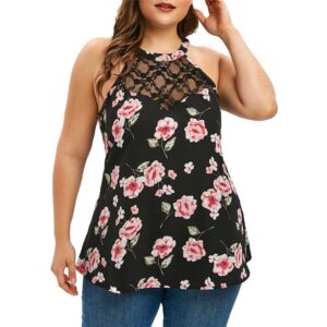 Plus Size V Neck Sleeveless Women’s Lace Floral Printed Halter Top