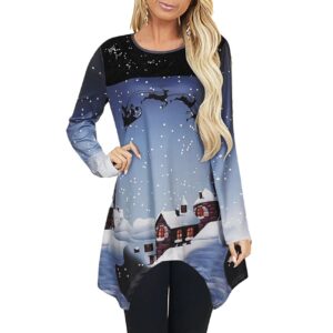 Long Sleeve Women’s Asymmetrical Hem Glitter Tunic Top with Santa Elk and Snow Print