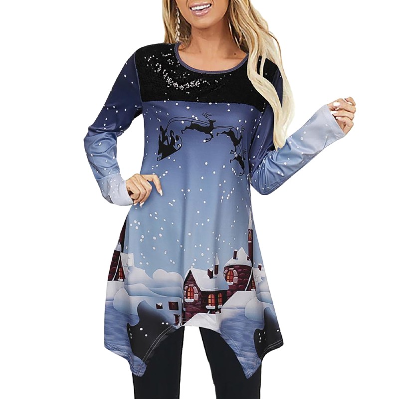 Long Sleeve Women's Asymmetrical Hem Glitter Tunic Top with Santa Elk ...