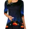 Long Sleeve O-Neck Women's Asymmetrical Halloween Top with Bats and Pumpkins Print