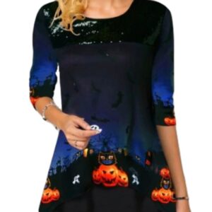 Long Sleeve O-Neck Women’s Asymmetrical Halloween Top with Bats and Pumpkins Print