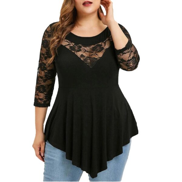 Plus Size Three Quarter Sleeve Women's Asymmetrical Floral Lace Hollow Out Patchwork black Top with Ornaments