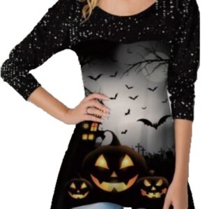 Long Sleeve O-Neck Women’s Black Asymmetrical Halloween Top with Bats and Pumpkins Print
