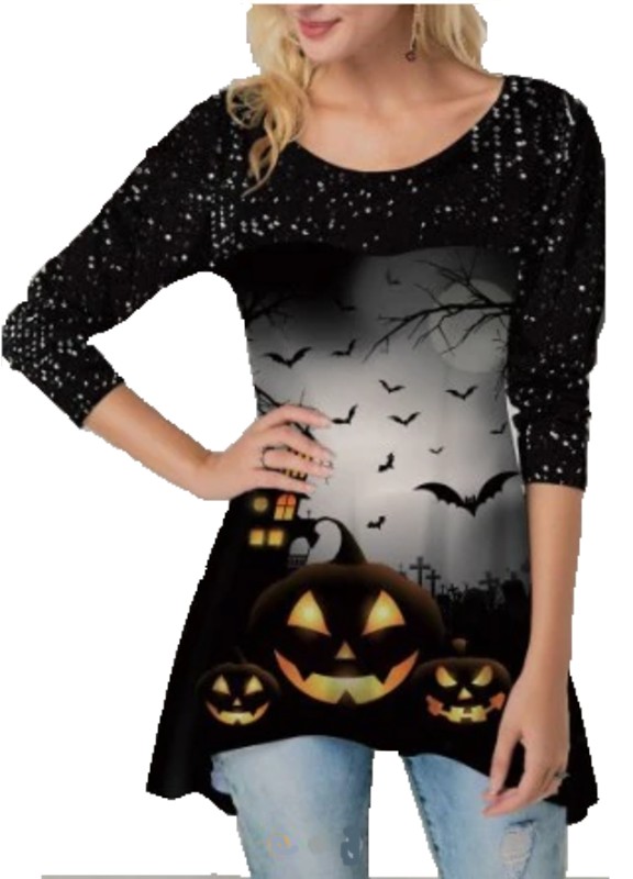 Long Sleeve O-Neck Women's Black Asymmetrical Halloween Top with Bats and Pumpkins Print