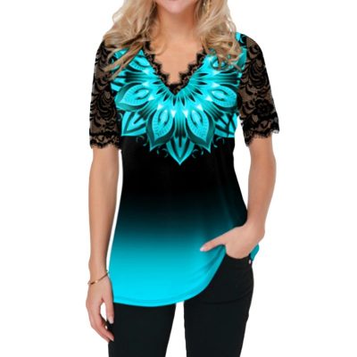 Lace V-Neck Short Sleeve Women's Top with 3D Print - Visible Variety