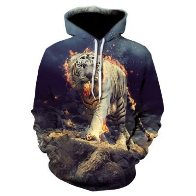Men's Drawstring Hoodie with 3D Tiger on Fire Print - Visible Variety