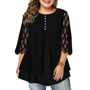 Plus Size Women’s Ruffled Double Layered Blouse with Long Geometric Translucent Sleeves