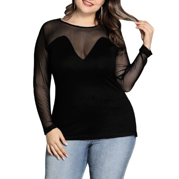 Plus Size Women's Transparent Black Mesh Semi Sheer Top with Long Sleeves