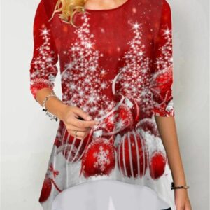 Long Sleeve Women’s Asymmetrical Top with Christmas Trees Print