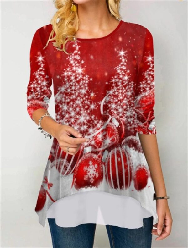 Long Sleeve Women’s Asymmetrical Top with Christmas Trees Print