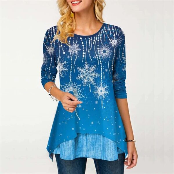 Long Sleeve Women’s Asymmetrical Top with Christmas Snowflake Print