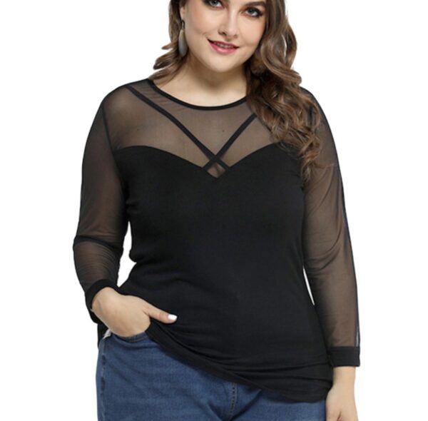 Plus Size Women's Elegant Black Mesh Semi Sheer Top