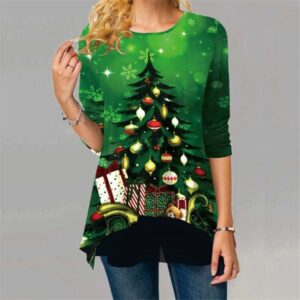Long Sleeve Women’s Asymmetrical Top with Christmas Tree and Gifts Print