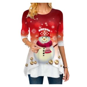 Long Sleeve Women’s Asymmetrical Top with Snowman and Snowflakes Print