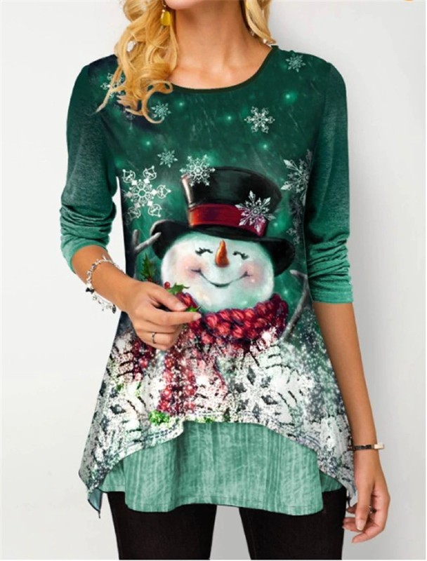 Long Sleeve Women’s Asymmetrical Top with Happy Snowman Print - Visible ...