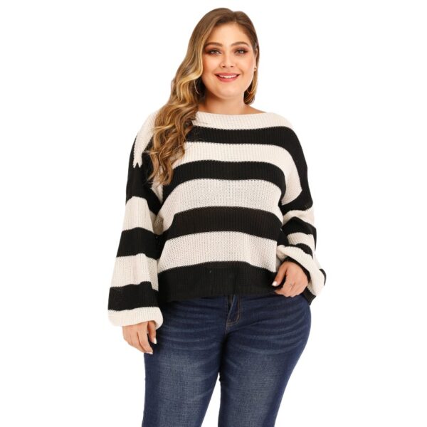 Plus Size Women's Long Sleeve White And Black Striped Knit Sweater