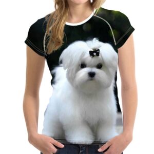 Women Short Sleeve 3D Printed T Shirt Maltese Dog with Bow