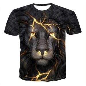 3D Lion Head Print Men Short Sleeve Grey T Shirt