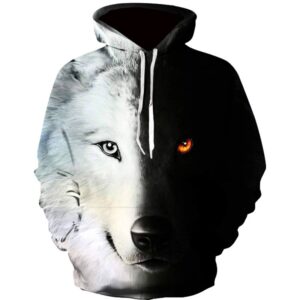 Men Fleece Hoodie 3D Printed Wolf Head Half White Half Black