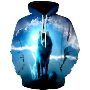 Women Fleece Hoodie with Blue Wolf and Sky 3D Print