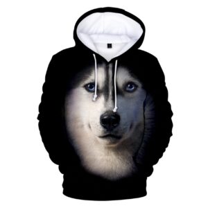 Men Fleece Husky Dog Face Hoodie 3D Printed