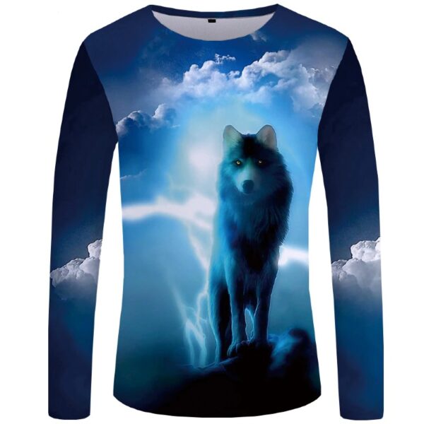 Vintage Men Sweatshirt Long Sleeve with Blue Wolf Print