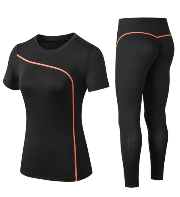 Women Activewear 2 Piece Set Orange Strip Short Sleeve Shirt with Leggings
