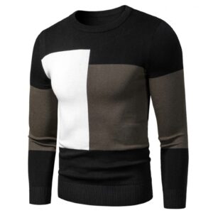 Men’s Round Neck Sweater with Color Block Patchwork Design