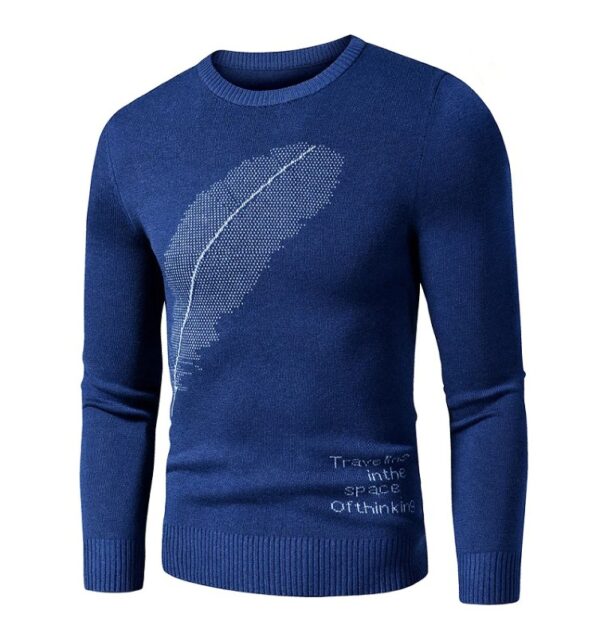 Blue Pullover Sweater with Embroidered Feather