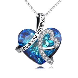 Blue Heart Shaped Crystal Pendant with I Love You Forever Engraved