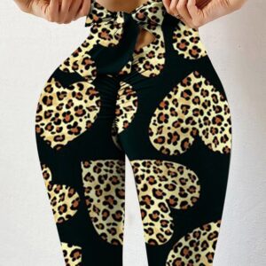 Women’s High Waist Bow Knot Back Scrunched Leggings with Leopard Print