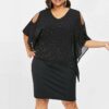 Women's Cold Shoulder Dress with Asymmetrical Overlay and Diamonds