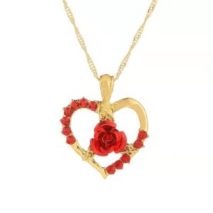 Heart Shaped Red Rose Pendant Necklace