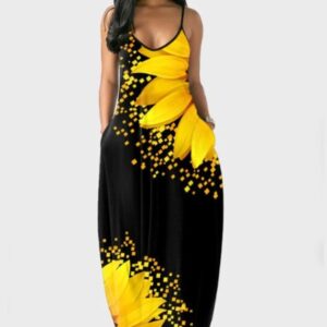 Sleeveless Maxi Dress with Sunflowers Print