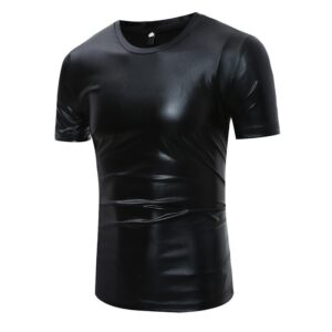 Men’s O-Neck Shiny Faux Leather T Shirt