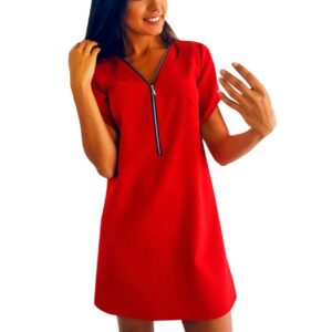 Women’s Short Sleeve V-Neck Zipper Mini Dress