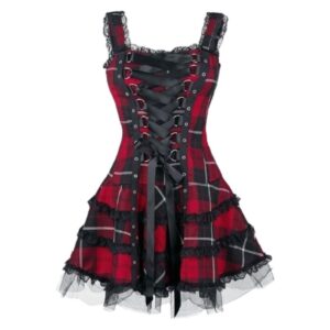 Women’s Gothic Sleeveless Plaid Mini Dress with Frill Lace