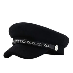 Women Wool Flat Military Cap with Chain