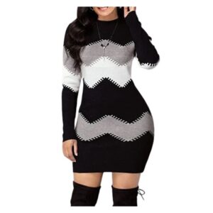 O-Neck Long Sleeve Cotton Blend Knitted Mini Sweater Dress