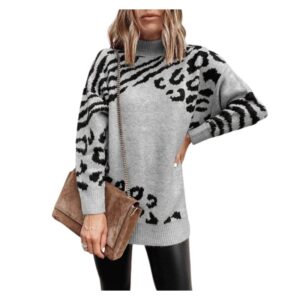 Thick Turtleneck Sweater Women with Leopard Print