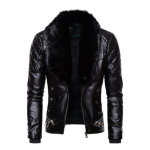 Men’s Faux Leather Jacket with Removable Fur Collar