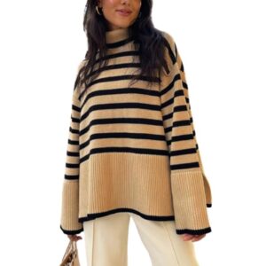 Oversized Loose Fit Knitted Turtleneck Striped Sweater for Women