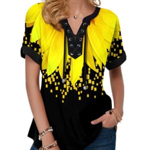 Women’s Sunflower Blouse with Lace Up V-neck
