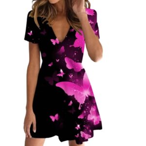 Short Sleeve Loose Fit V-Neck Midi Dress with Butterflies
