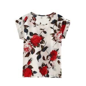 Women’s Short Sleeve Chiffon Top with Roses