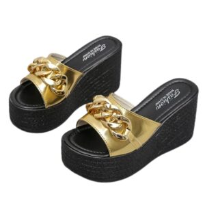 Women PU Leather Platform Wedge Sandals with Chain