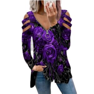 Women Long Sleeve Front Zipper Top with Roses